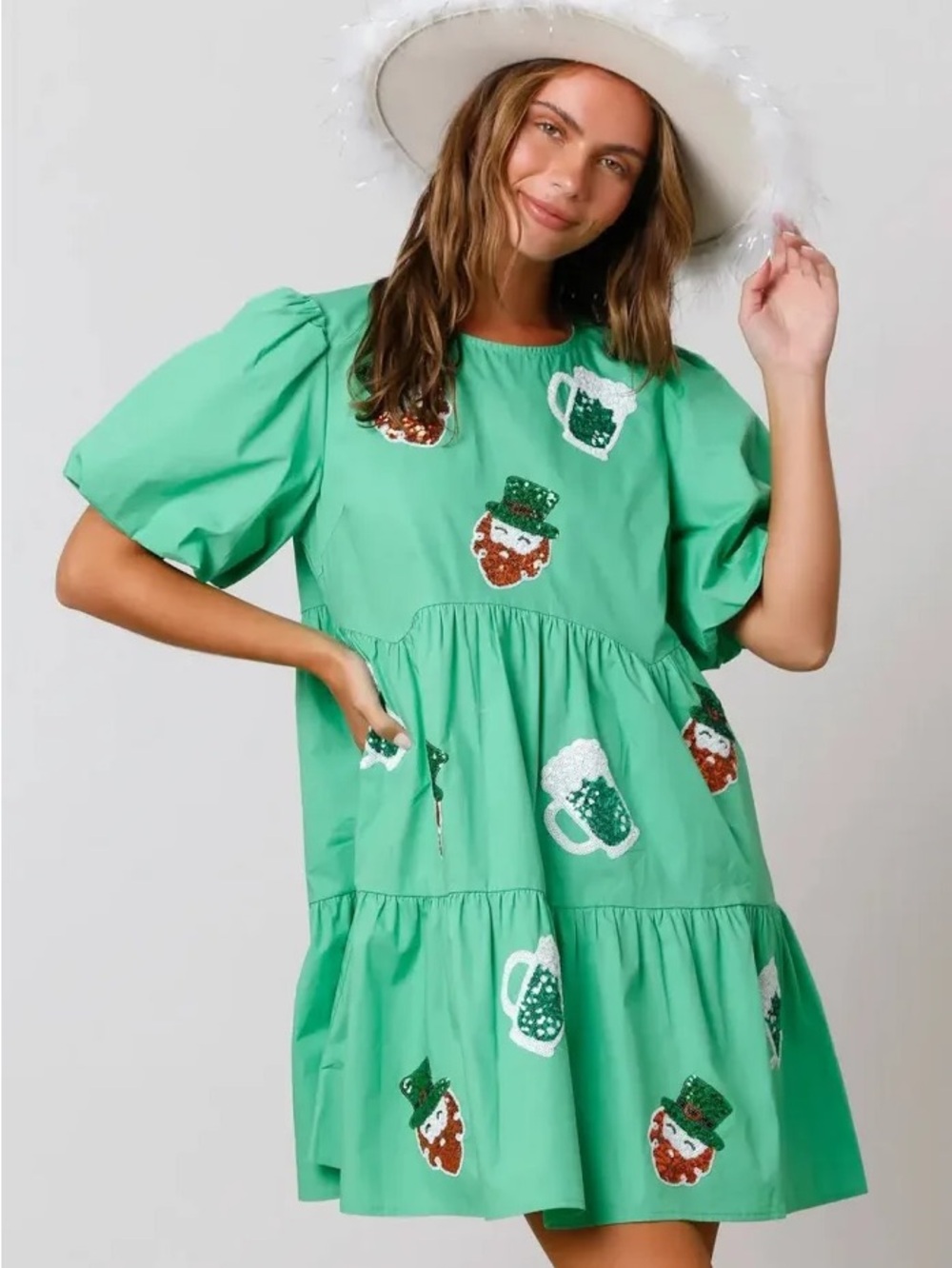 Green Puff-Sleeve Tiered Dress with Sequin Shamrock Accents St Patrick’s day